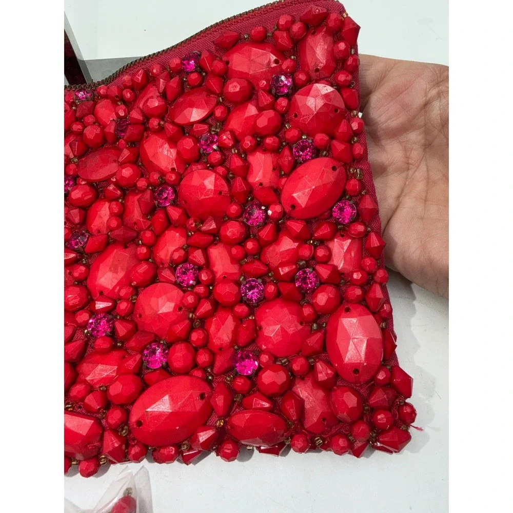 Red Beaded Rhinestone Embellished Zip Clutch Evening Bag with Spare Beads